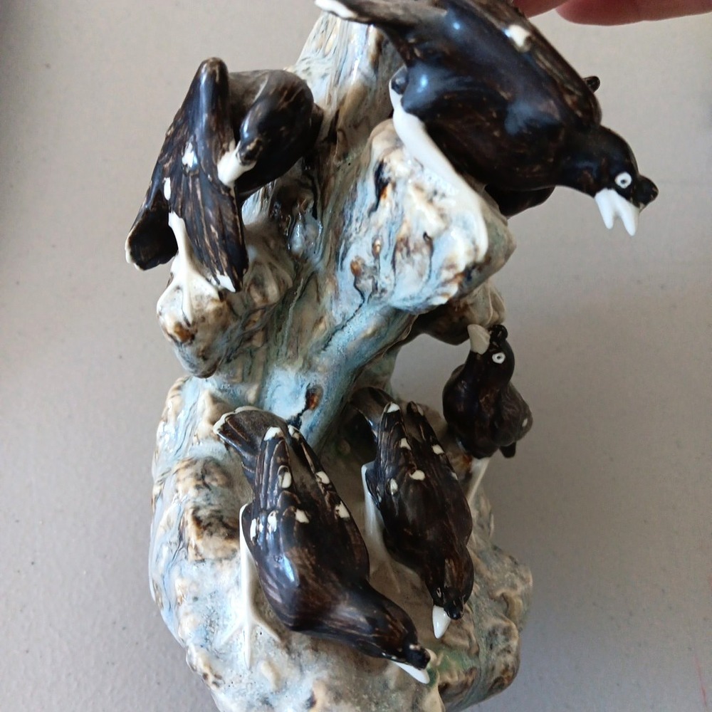 VTG‎ Birds Ceramic Figurine Dead Tree + 6 Black Birds Crows Drip Pottery Haunted - Picture 16 of 16